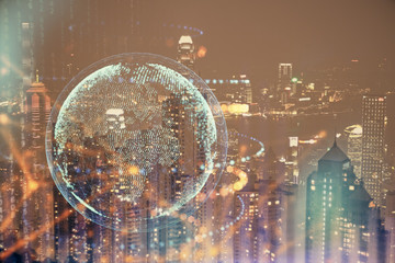 Map and data theme hologram on city view with skyscrapers background double exposure. International technology in business concept.