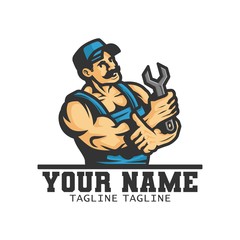 Plumber man carries a spanner on his hand. logo . vector illustration