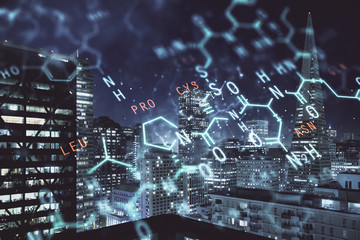 Double exposure of sience formula drawing and cityscape background. Concept of education.