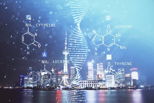 Double exposure of DNA drawing and cityscape background. Concept of education.
