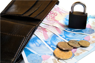 Black leather wallet, Turkish lira banknotes and coins and padlock on white background. Finance safety concept