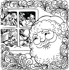 coloring book, postcard, happy new year, santa claus is watching through the window as happy children open gifts near the christmas tree, black and white drawing, sketch, vector illustration