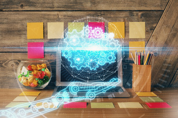 Multi exposure of desktop with computer on background and tech theme drawing. Concept of big data.