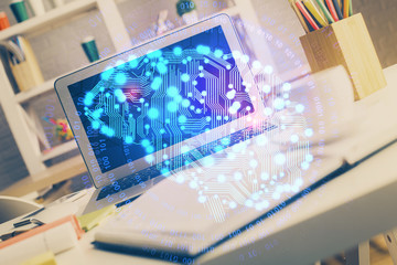 Double exposure of desktop computer and human brain drawing hologram. Ai concept.