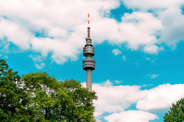 Dortmund, Germany - June 2019: The Florianturm, Florian Tower, Florian is a telecommunications tower on blue sky backgrund - obrazy, fototapety, plakaty