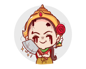 Thai ghost in traditional dress holding axe and lumberjack isolated on white background with scary halloween concept.