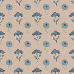 seamless pattern, ornament of blue flowers and leaves, beige background