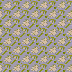 seamless pattern, floral ornament, blue background, heart