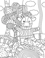 Cute simple children's coloring book with bull, nature, tree and ornament. Outline on a white background, sketch, silhouette, Doodle, vector illustration.