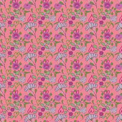 seamless pattern, floral ornament, pink background, heart