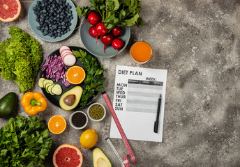 Diet plan and set healthy food products. Top view Copy space