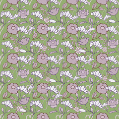 seamless pattern, green background, heart, plant ornament, pink and white flowers