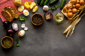 Food background. Dinner table with fresh homemade food. Top view