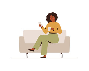 The black businesswoman is sitting on the couch with a mobile phone at the break time. Young dark skin girl drinking coffee and using a smartphone. Flat cartoon vector illustration.