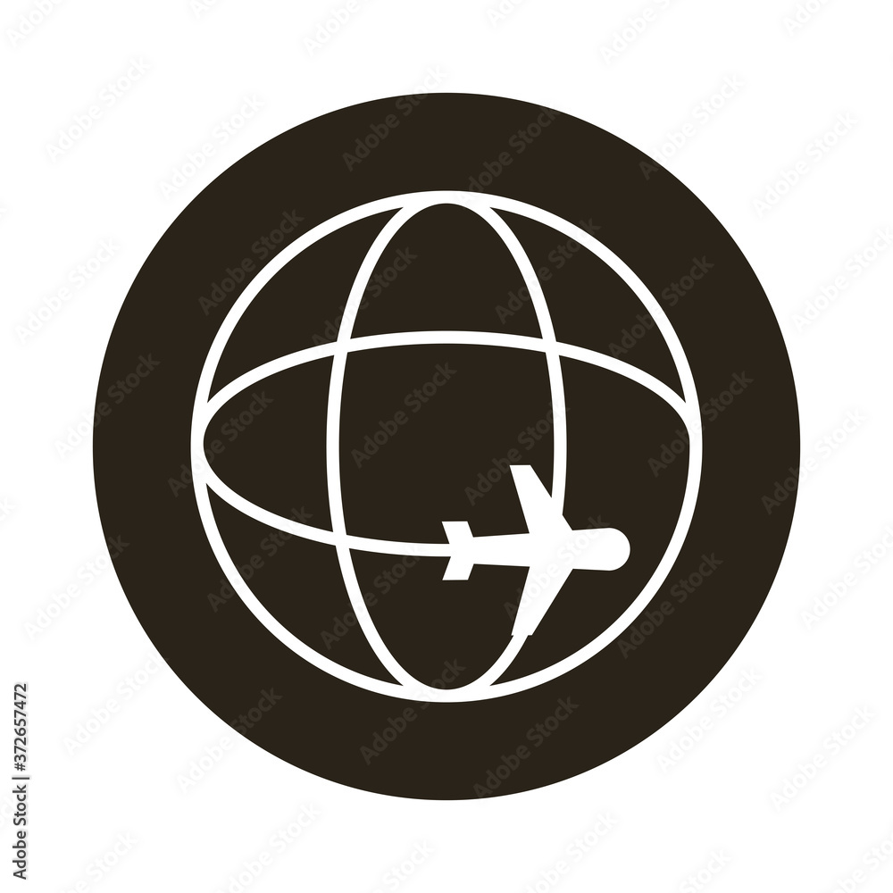 Poster sphere world planet with airplane flying block style