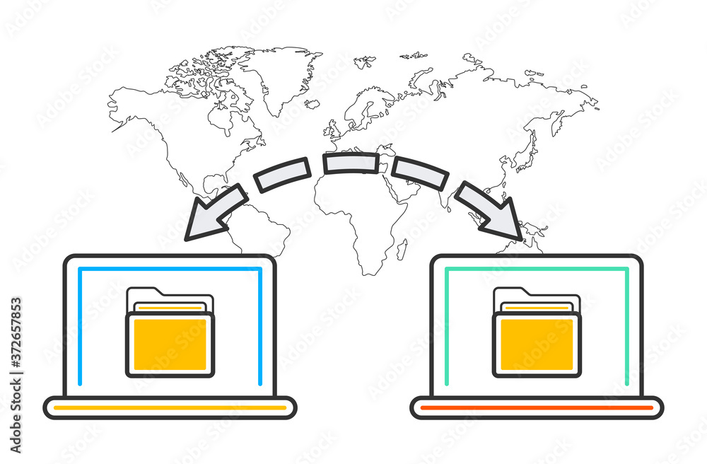 Poster file transfer. two laptops with folders on screen and transferred documents. vector illustration.