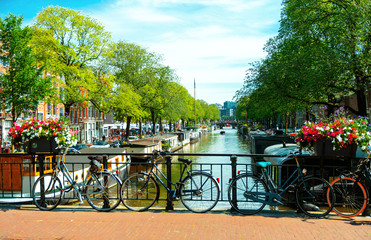 Beautiful summer sunrise, heritage canals of Amsterdam, The Netherlands, with vibrant flowers and bicycles on a bridge. June 2019