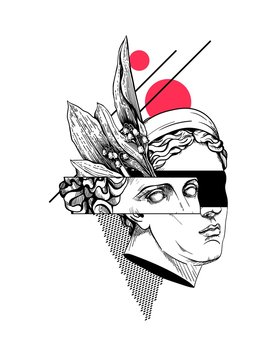 recommend clip art: Creative trendy abstract poster with goddess. Concept art sculpture of Diana or Artemis, flower, geometric shapes. Bust of female head. Hand drawn sliced, vaporwave design. Vector stock illustration.