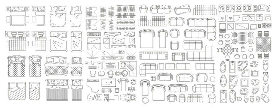 Set of linear icons. Interior top view. Furniture and elements for living room, bedroom, bathroom. Floor plan (view from above). Furniture store.