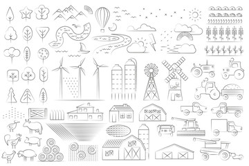 Linear vector set. Green farm. Fields, vegetable gardens, hangars, buildings, barns, agricultural machinery. Collection of linear icons. Eco farm. 