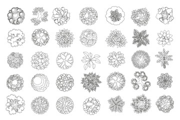 Vector set. Trees, bushes and plants. Top view. Collection for landscape design, plan, maps. (View from above) 