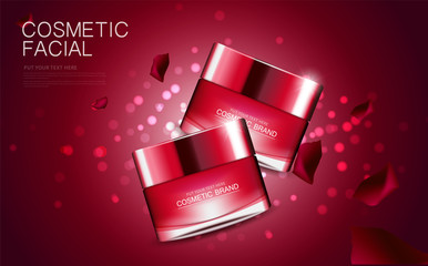 Cosmetic design template on glitter and rose background.