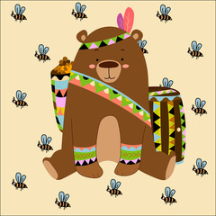 Cute bear sitting with a barrel of honey vector illustration for your greeting card.
