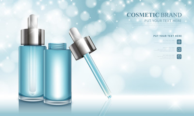 cosmetic product poster, bottle package design with moisturizer cream or liquid, sparkling background with glitter polka.