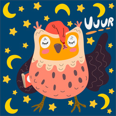 Owl with a book and a hat on a background of the night sky vector illustration for a postcard.