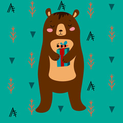 Teddy bear with gift vector illustration for greeting card.