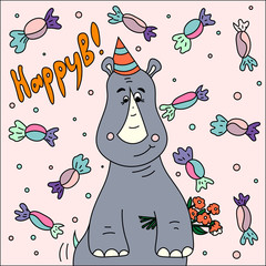 Little rhinoceros a bouquet of flowers congratulates happy birthday vector illustration for a greeting card.