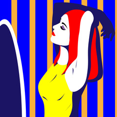 Young woman look in the mirror with raised hands pop art style. Illustration in a flat style.