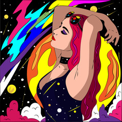 Young woman with raised hands against the background of the cosmic abstract sky. Illustration in bright grunge style