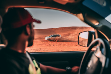 Fototapeta na wymiar Safari vehicle at desert 