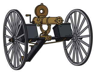 The vectorized hand drawing of an old Gatling multi barrel machine gun - 372659899