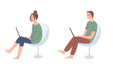 Young man woman blogger or freelancer work from home on a laptop or communicates in social networks or surf the Internetand sitting in a chair, isolated vector. Modern flat stock illustration.