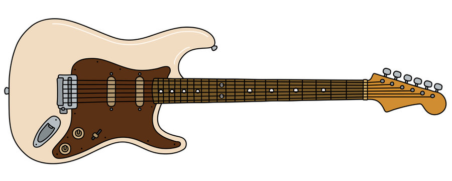 The vectorized hand drawing of a retro cream electric guitar