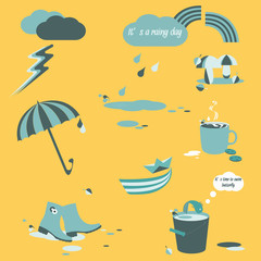 Rainy day set of elements of blue-green, blue, dark blue and white on yellow background. Spring vector illustration.