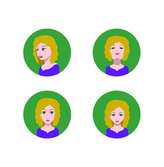 Set of people icons in flat style with faces. Vector women, men with color background