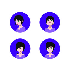 Set of people icons in flat style with faces. Vector women, men with color background