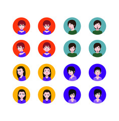 Set of people icons in flat style with faces. Vector women, men with color background