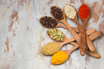 Fototapeta na wymiar Aromatic spices on wooden spoons. Food ingradients.