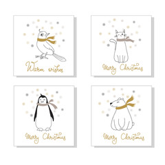 Set of winter animals in scarfs with snowflakes for christmas cards and new year decoration.