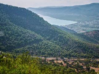 Naklejka premium The asphalt road winds through the pine-covered slope of the mountain range in the sunny afternoon against sea bay