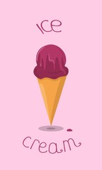 Blueberry ice cream in a conical waffle cup, topped with blueberry syrup. With the inscription ice cream on a pink background. Summer delicacies dessertchildrens delicacies. Dessert in the hot season