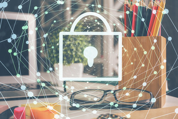 Lock drawings with glasses on the table background. concept of security. Double exposure.