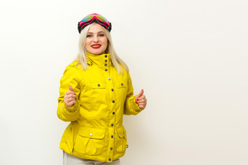 Woman with ski goggles isolated on white