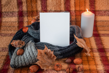 old checkered blanket with orange red and brown patterns.dry leafs and fruits. autumn background. lit candle. cozy woolly gray scarf.plain white sheet of paper