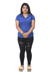full portrait of a latin american woman on white background