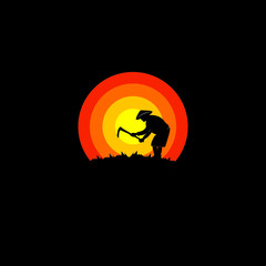 Young farmer with hoe silhouette design vector